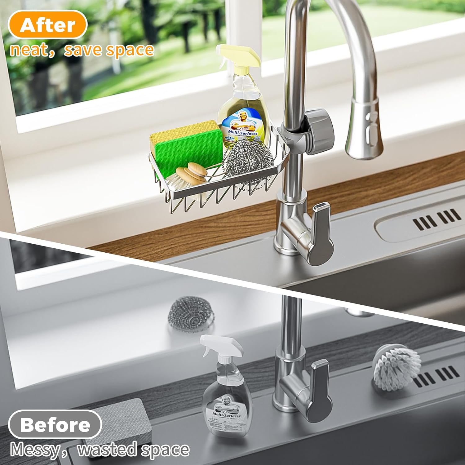 LONIN Sponge Holder Over Faucet Kitchen Sink Caddy Organizer, Stainless Steel Detachable Hanging Faucet Drain Rack for Bathroom, Scrubbers, Soap