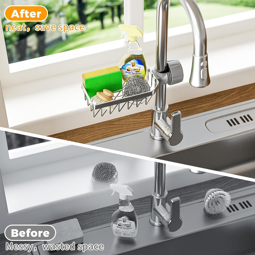 LONIN Sponge Holder Over Faucet Kitchen Sink Caddy Organizer, Stainless Steel Detachable Hanging Faucet Drain Rack for Bathroom, Scrubbers, Soap, (Black)