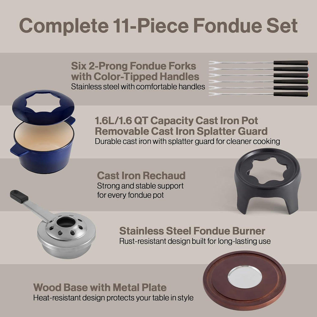 Swissmar Sierra Cast Iron Fondue Set, 1.6 Quart / 1.6 Liter – Perfect for Meat, Cheese, & Chocolate Fondues – Ideal for Family Bonding & Hosting Gifts - 12-Pieces, Deep Blue