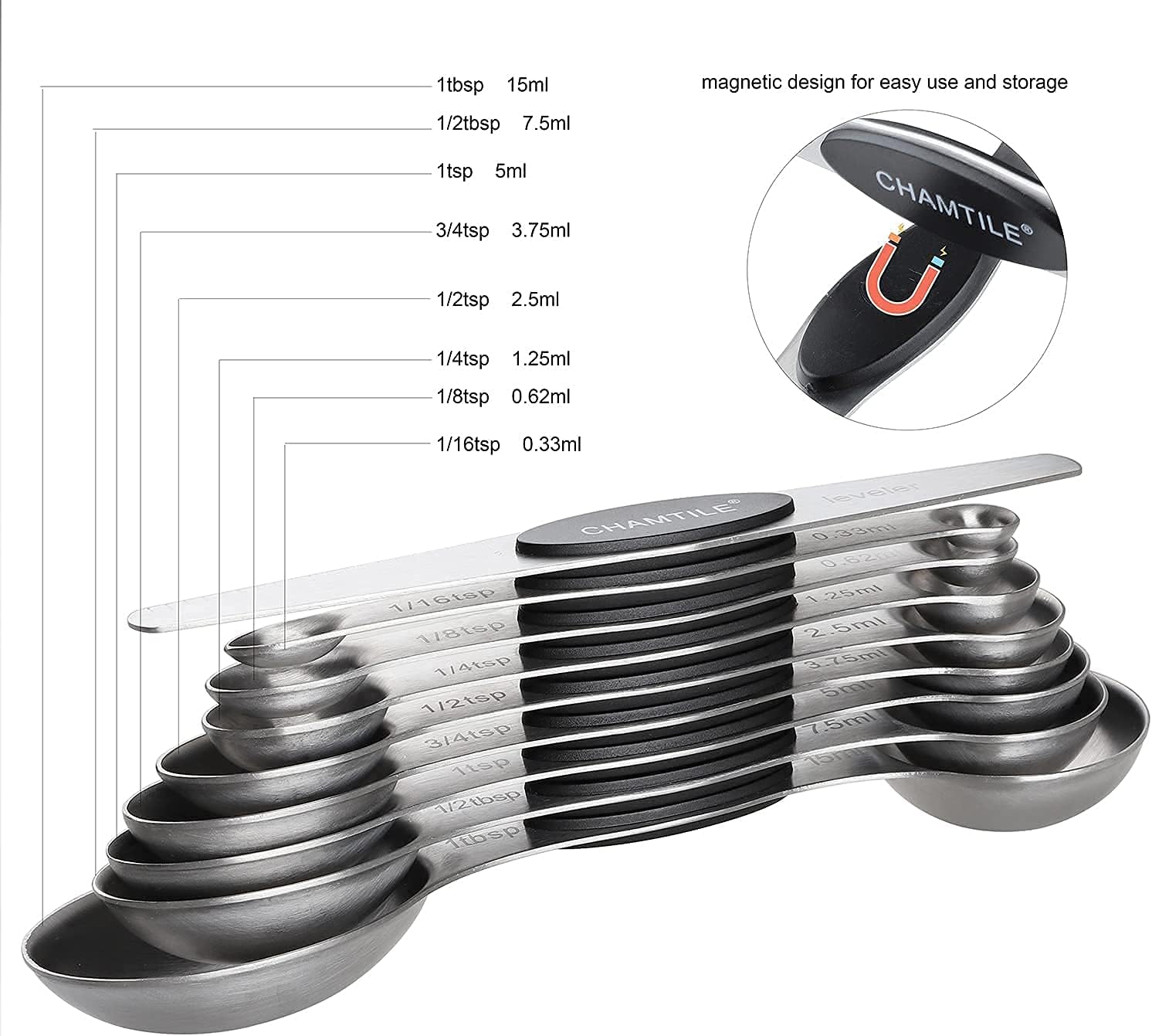 Magnetic Measuring Spoons Set of 9 Stainless Steel Dual Sided Stackable Teaspoon Tablespoon Nesting Measuring Spoon for Measuring Dry and Liquid Ingredients Fits in Spice Jar