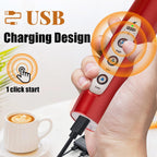 Nahida Red Milk Frother Wand for Coffee - Rechargeable Handheld Electric Whisk with 3 Heads, 3 Speeds - Drink Mixer for Latte, Cappuccino, Hot Chocolate