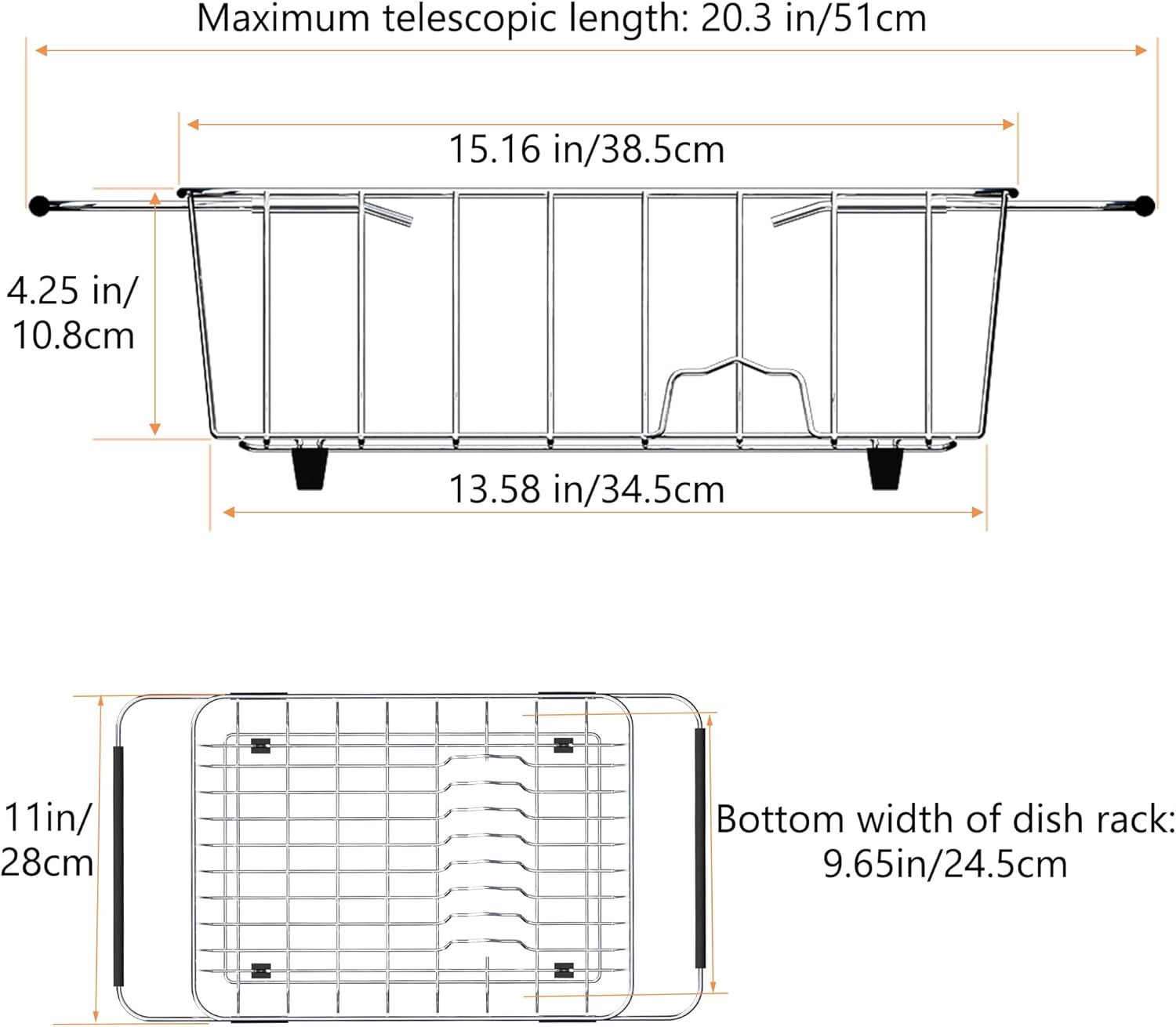 Stainless Steel Dish Drying Rack(15.2"L X 11"W X 5.3"H), Expandable Fruit & Vegetable Drain Rack over Sink, Dish Drainer Rack in Sink, with Stainless Steel Utensil Holder & Silicone Mat(16")