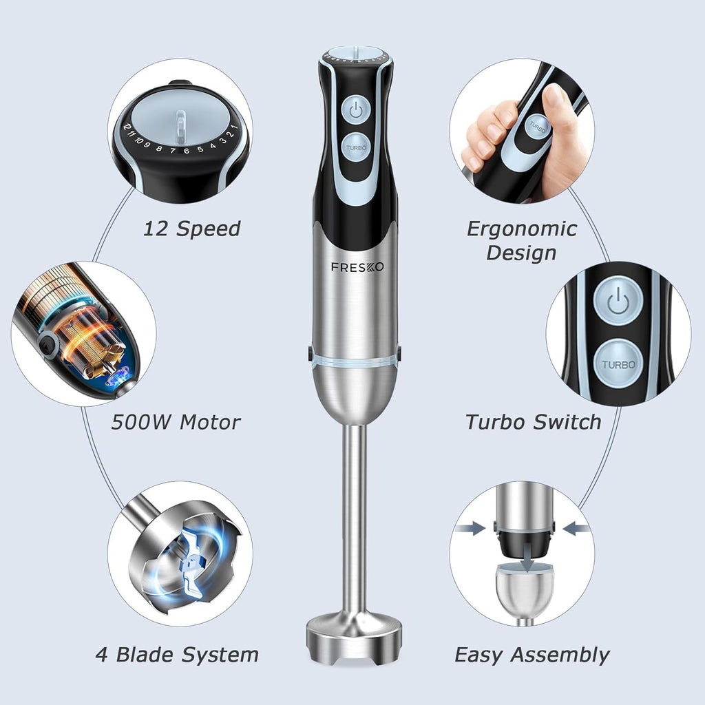 FRESKO Immersion Blender Handheld, 4-in-1 Stainless Steel Hand Electric Stick Mixer with 12-Speeds & Turbo Mode, Powerful 500W Emulsion Blender with Beaker, Chopper & Whisk