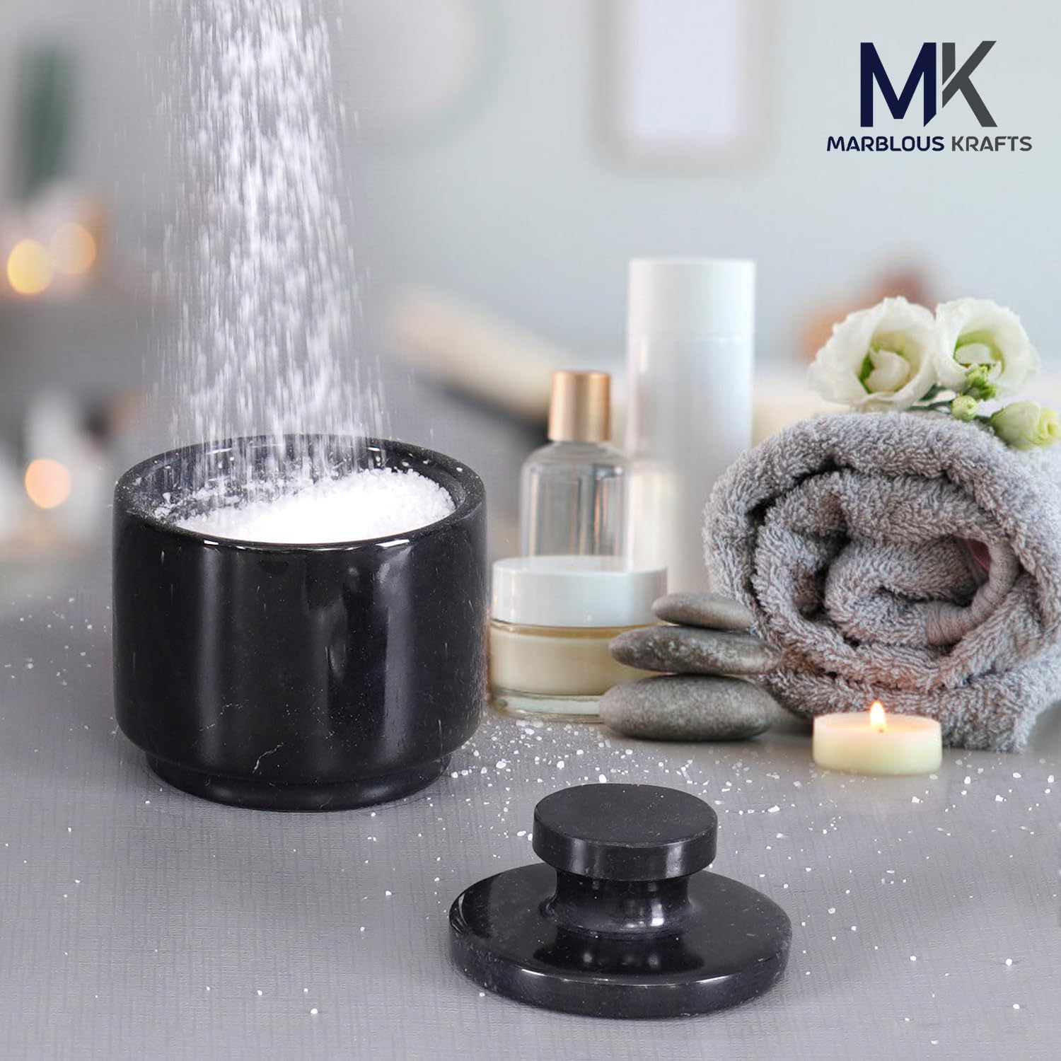 Marble Salt Cellar with Lid 3" Inch Black Spice Jar & Stone Salt Container For Kitchen Countertop, Modern Sugar Bowl