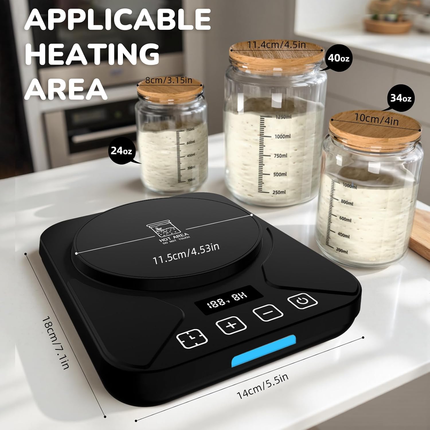 Sourdough Starter Warmer Mat - 24H Timer - Precise 1°F Thermostat Control (70-100°F) - Smart Memory Warming On/Off - Fits Jars Up to 40oz - Perfect for Home Baking (Black)