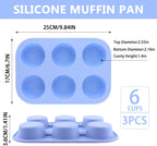 3-Pack 6-Cup Silicone Muffin Pans, Nonstick Cupcake Baking Molds, BPA/PFA-Free, Dishwasher & Oven Safe - Blue