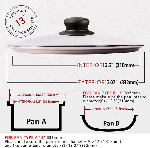 13 Inch Pan Lid Tempered Glass Pot Lid Replacement Pan Cover for Cast Iron Skillets, Frying Pans, Pots and Wok, Clear