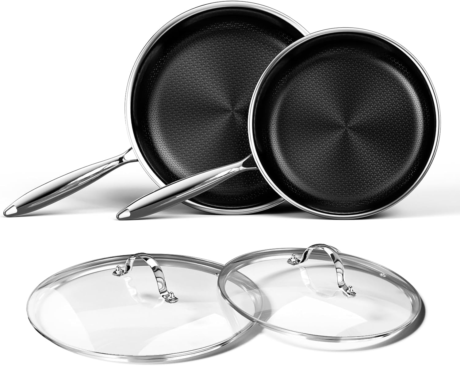 Stainless Steel Frying Pan with Lid - Titanium Ceramics Stainless Steel Nonstick Frying Pan Set, 10 Inch&12 Inch Safe Non Stick Skillet Egg Omelete Pan Set, Induction Compatible, PFOA, PFAS, PTFE Free