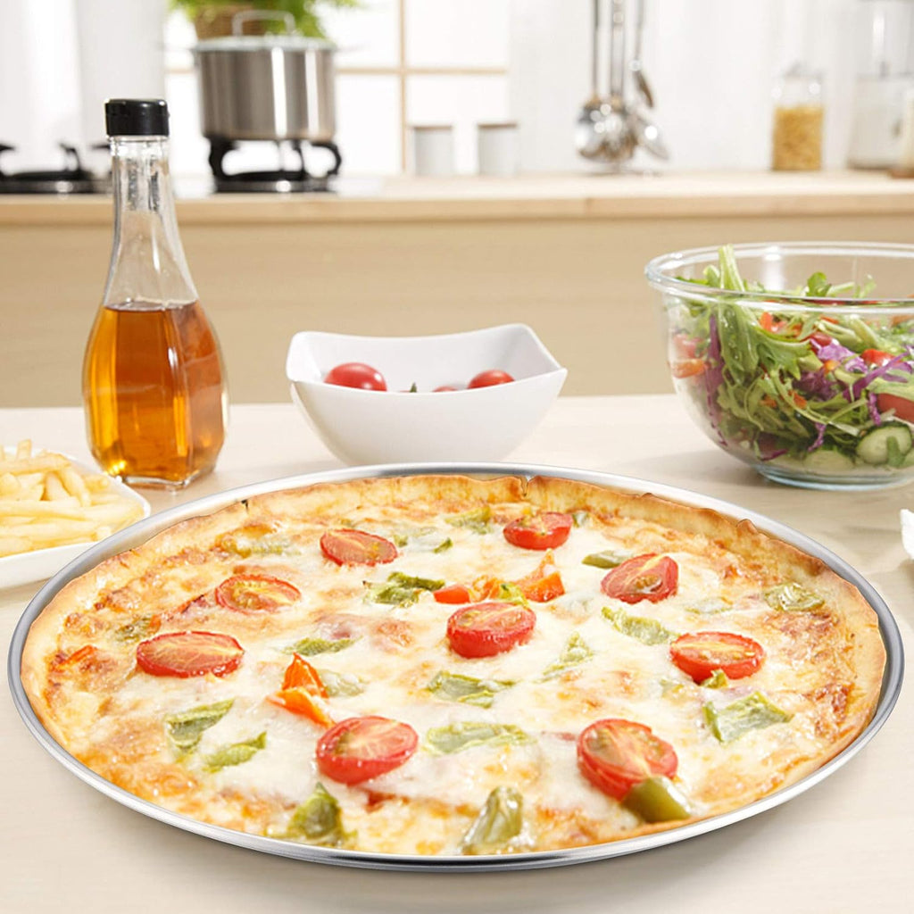 P&P CHEF 13.5 Inch Pizza Pan, 3 Pieces Stainless Steel Round Pizza Tray Dish Plate For Oven Baking Roasting, Healthy & Heavy Duty, Rust Free & Dishwasher Safe -Silver
