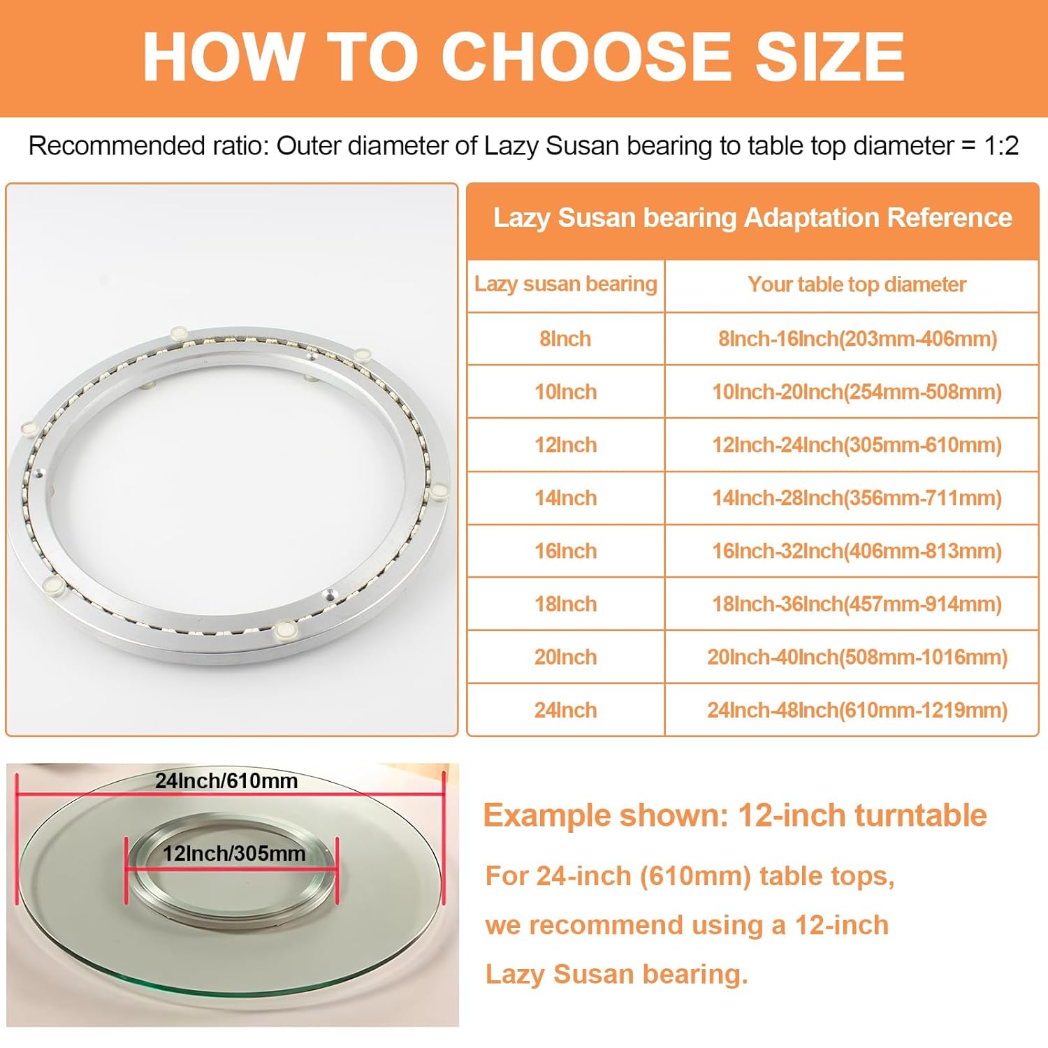 TamBee 12 Inch Mute Lazy Susan Bearing Base - 300lb Capacity Aluminum Heavy Duty Lazy Susan Turntable Mechanism Kit for Smooth Rotation, Universal Hardware for DIY Furniture, Table (Base Only)