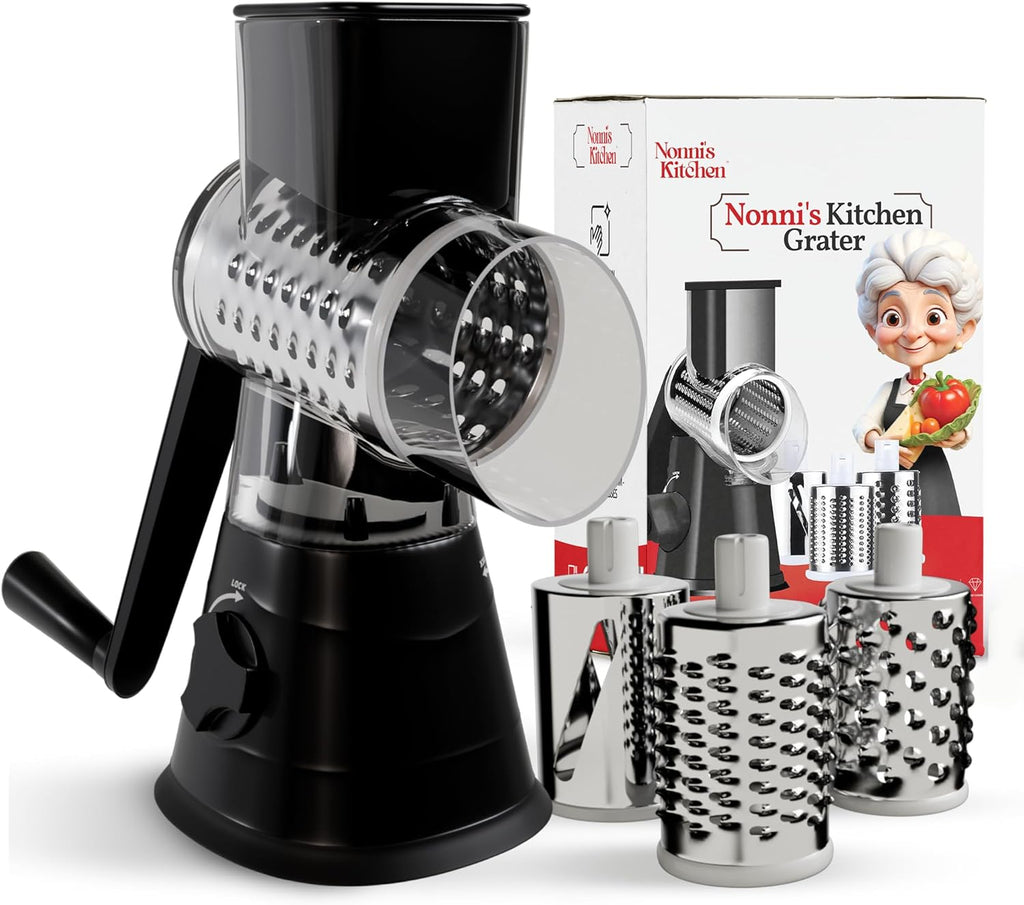 Rotary Cheese Grater Hand Crank - Counter Top 3 Blade Manual Cheese Shredder with Reinforced Suction, 3 Interchangeable Drums, Easy to Use Vegetable Chopper, Round Mandoline Slicer, Black