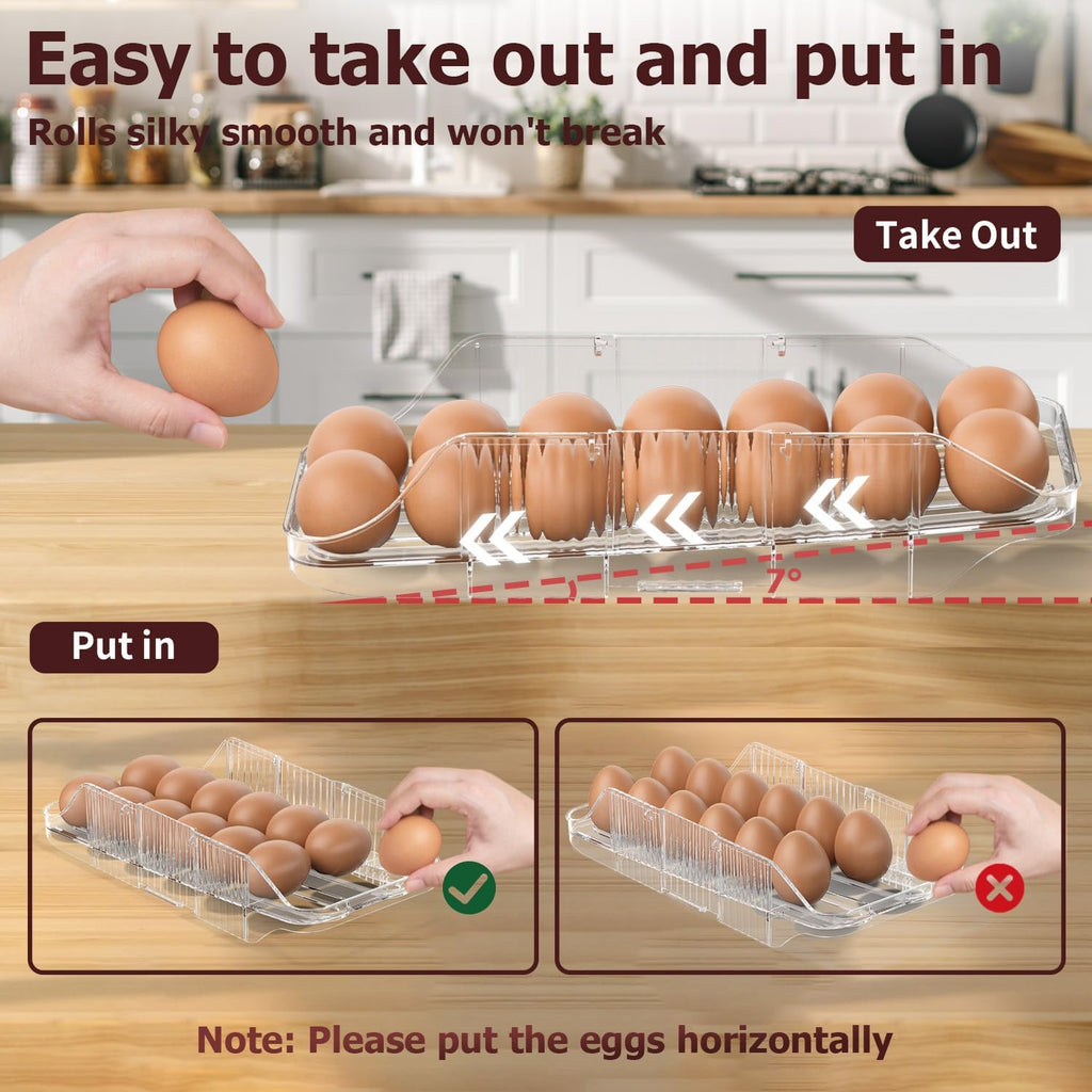 Automatic Rolling Egg Holder for Fridge, Clear Plastic Egg Organizer with Handle for Refrigerator, Egg Container for Kitchen Storage, 2 Row 2 layers