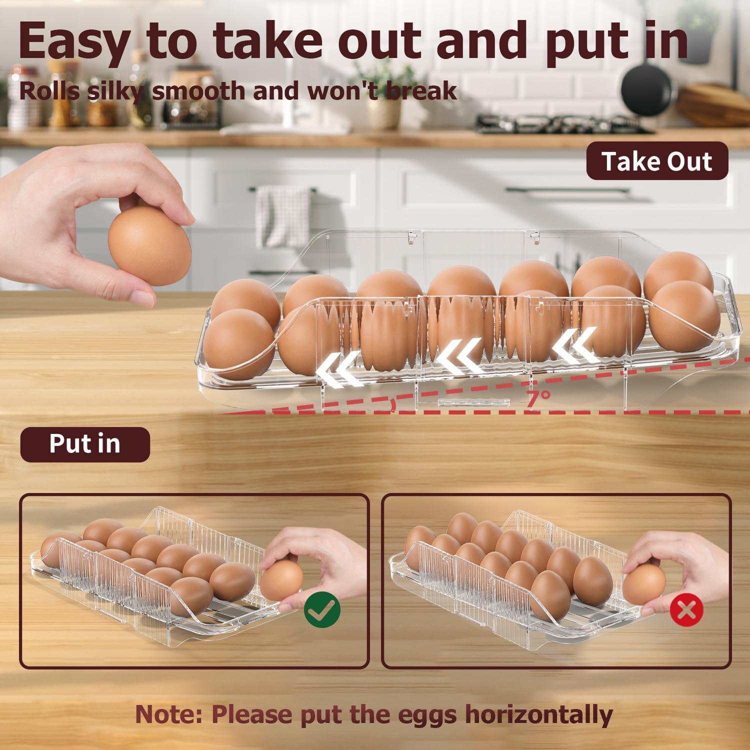 Automatic Rolling Egg Holder for Fridge, Clear Plastic Egg Organizer with Handle for Refrigerator, Egg Container for Kitchen Storage, 2 Row 2 layers