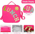 Insulated Lunch Bag With Adjustable Shoulder Strap, Nylon Preppy Lunch Box Large Insulated Lunch Bag Reusable Lunch Tote Bag with Smiley Preppy LunchBag for Girls School Travel Picnic (Rosy Red)