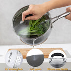 Ceramic Nonstick Tri-Ply Stainless Steel Sauce Pan with Steamer,2.5 Quart Small Multipurpose Pot with Pour Spout,Strainer Glass Lid, 2qt Saucepan for Cooking with Stay-cool Handle,Grey