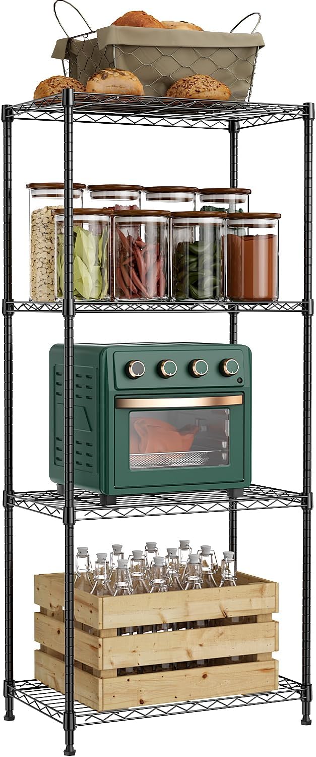 1000 lbs 4Tier Shelf Metal Storage Shelves Wire Rack Closet Organizers with Wheel for Garage Kitchen Bathroom Laundry Black 13.7" D x 23.6" W x 53.4" H