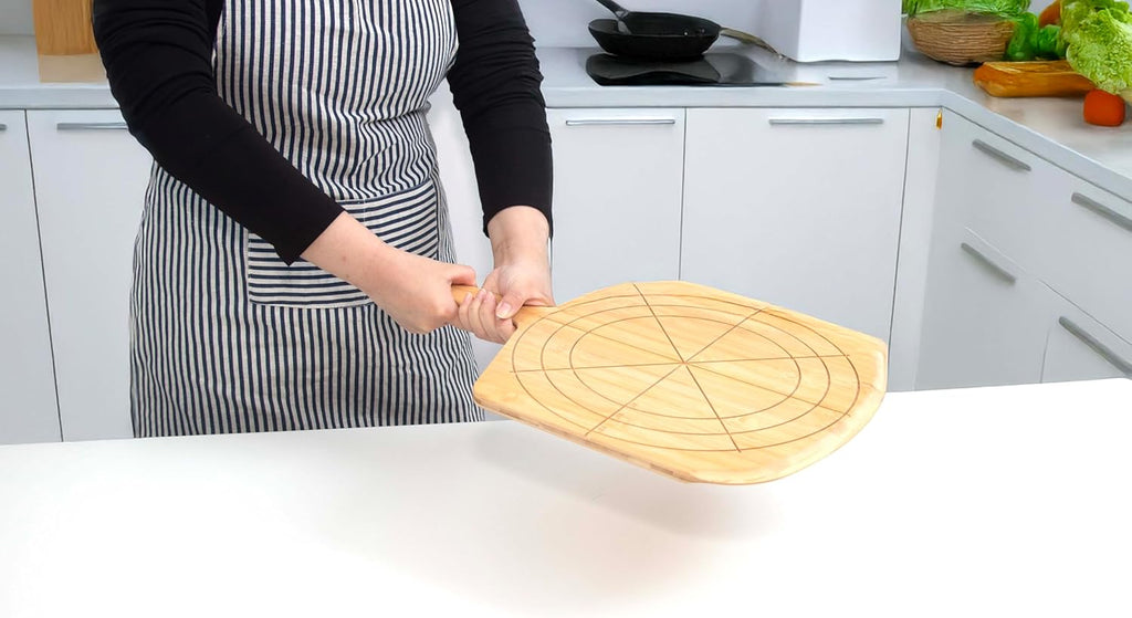 Loftern Wooden Pizza Peel 12 Inch Board with Engraved Sizes - Multi-Purpose Bamboo Pizza Cutting Board, Wood Pizza Peel, Pizza Spatula Paddle, and Serving Board with Size and Cutting Guide
