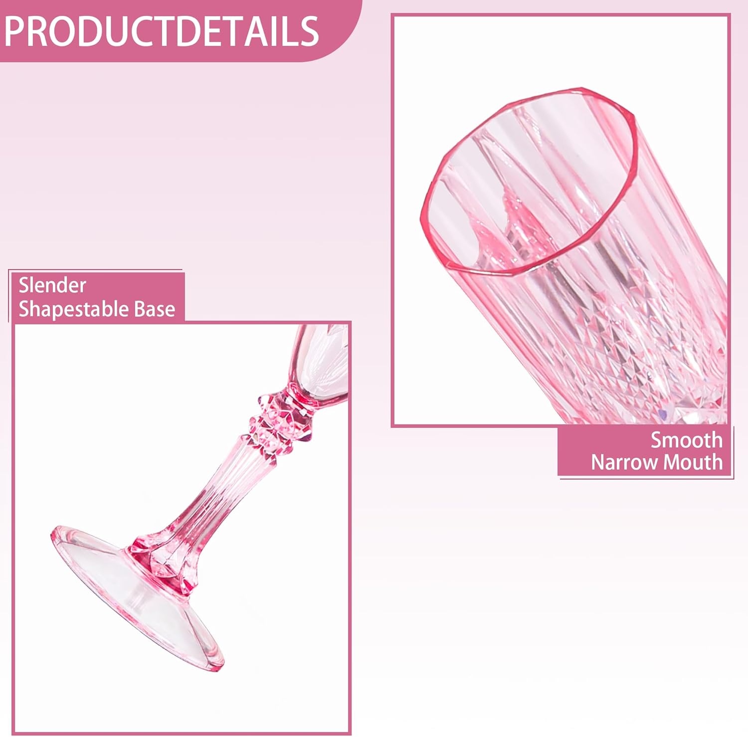 Plastic Champagne Flutes, 24PCS Pink Plastic Wine Glasses Goblets Reusable Champagne Flute for Weddings, Bachelor Parties, Toasting, and Events (24, Pink)
