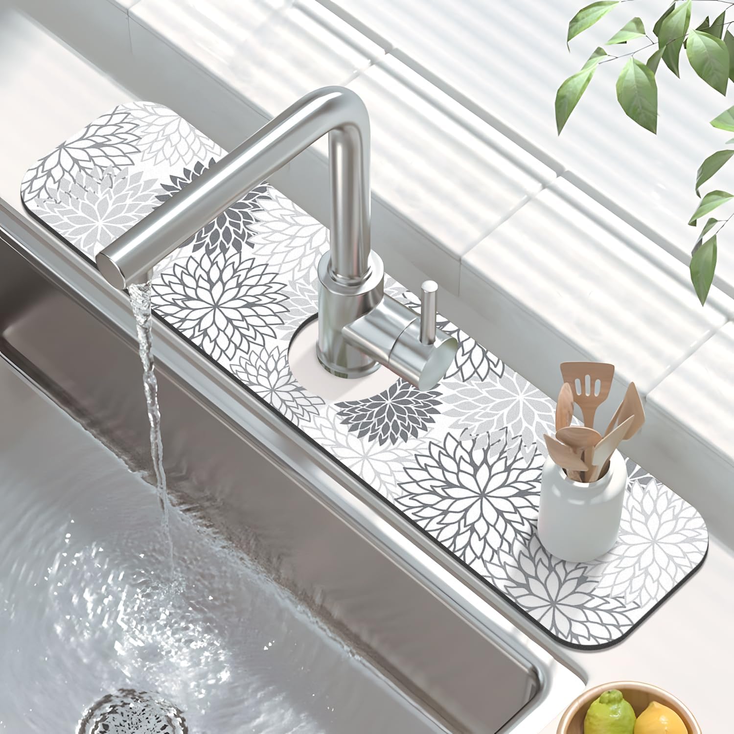 Findosom 2PCS 16" x 24" Dish Drying Mat & 24" x 5.5" Sink Splash Guard, Super Absorbent & Cuttable Dish Mat Drying Kitchen Mat with Gray Floral, Hide Stain Drying Mat for Kitchen Counter