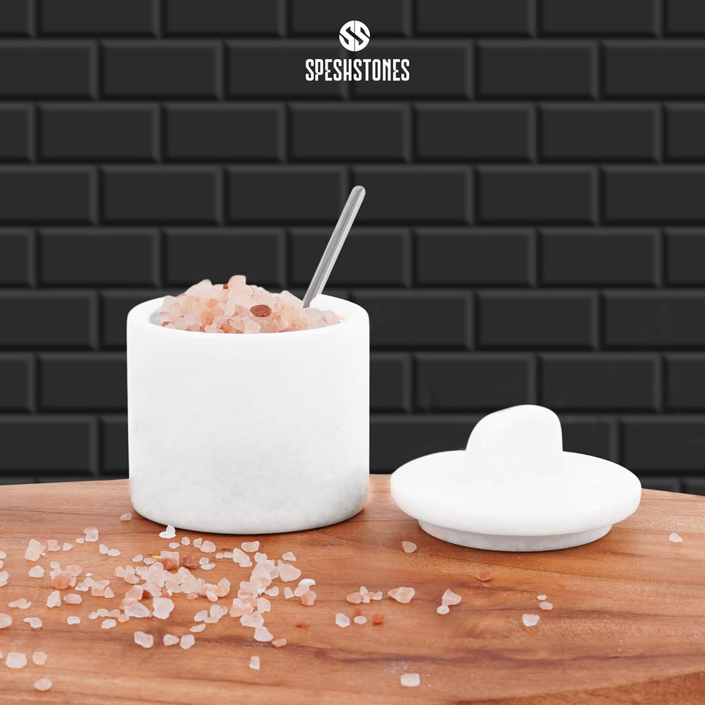 Marble Salt Cellar with Lid and Spoon 4 Inch White Handmade Small Seasoning Containers - Decorative Spice Jars, Sugar Bowl with Spoon & Flaky Salt Dish for Kitchen Countertop Storage