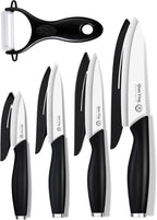 Ceramic Knife Set for Kitchen with Sheath: 100% Zirconia Pure Ceramic Sharp Blade Fruit Cutting Knives 9Pcs with Cover Rustproof Clean Cut Edge Black Handle, No Scratches on Titanium Cutting Boards