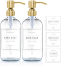 Vine Creations Clear Glass Soap Dispenser, 2 Pack Kitchen Soap Dispenser Set with Stainless Steel Pump, 16 oz Dish Soap and Hand Soap Dispensers for Bathroom with Waterproof Labels