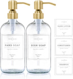 Vine Creations Clear Glass Soap Dispenser, 2 Pack Kitchen Soap Dispenser Set with Stainless Steel Pump, 16 oz Dish Soap and Hand Soap Dispensers for Bathroom with Waterproof Labels