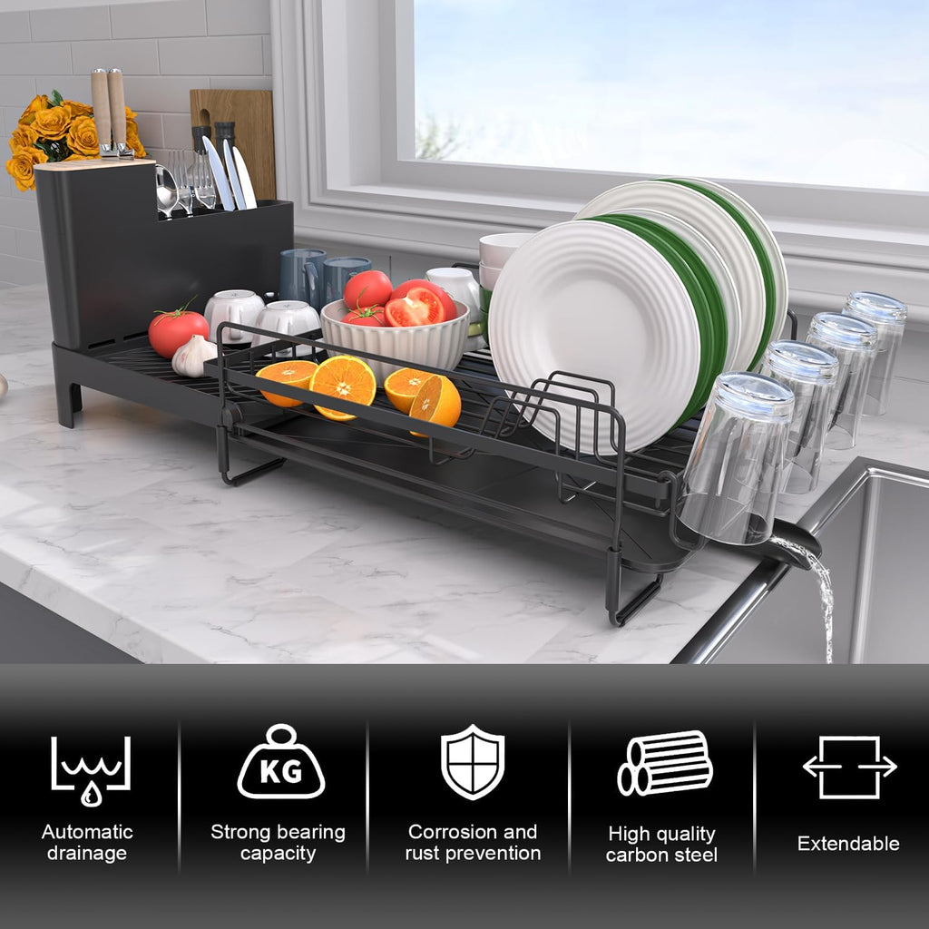 Runnatal Large Detachable Dish Rack with Drainboard Set, Dish Drying Rack Extendable Dish Rack, Utensil Holder, Cup Holder, Expandable Dish Drainer for All Kitchen Counter