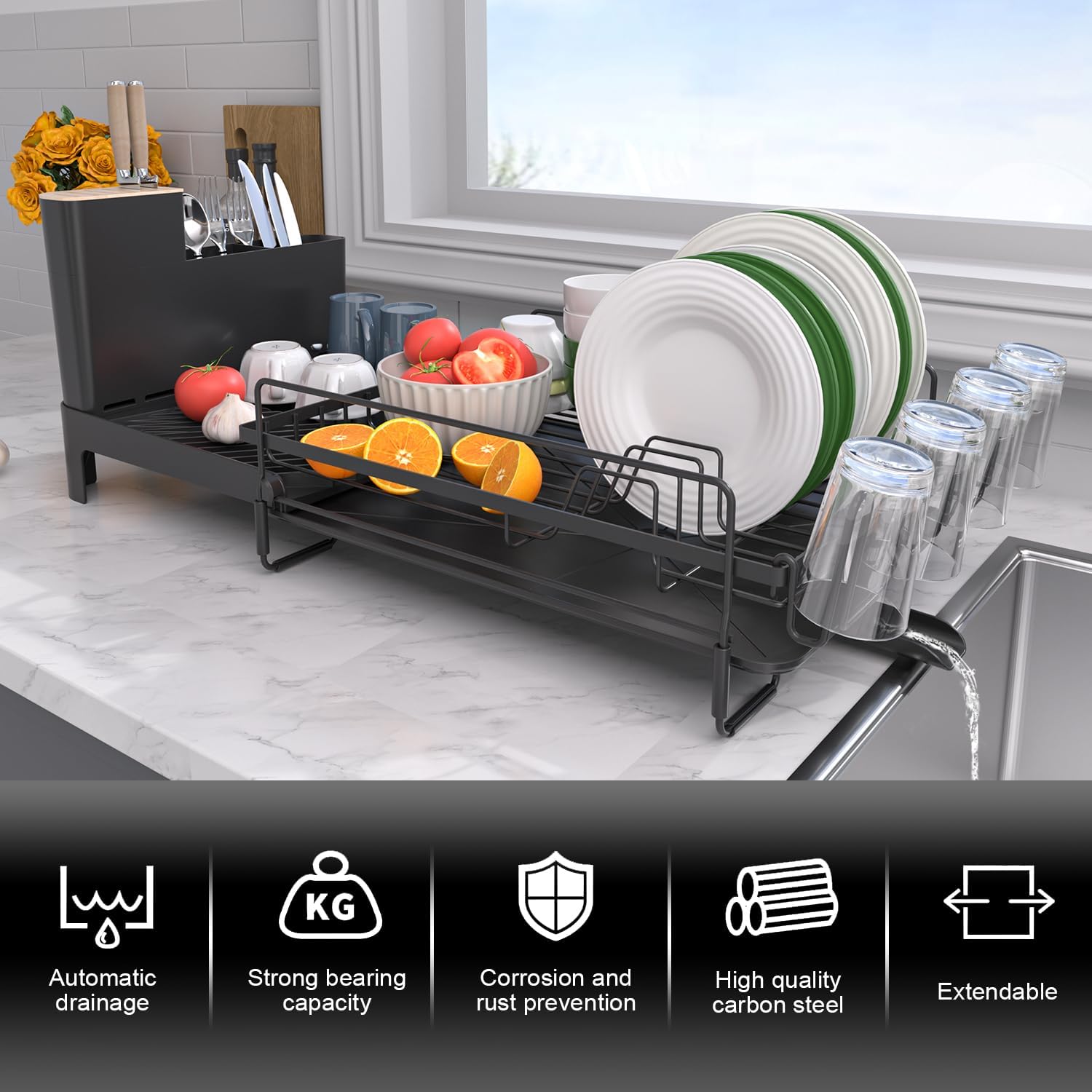 Runnatal Large Detachable Dish Rack with Drainboard Set, Dish Drying Rack Extendable Dish Rack, Utensil Holder, Cup Holder, Expandable Dish Drainer for All Kitchen Counter
