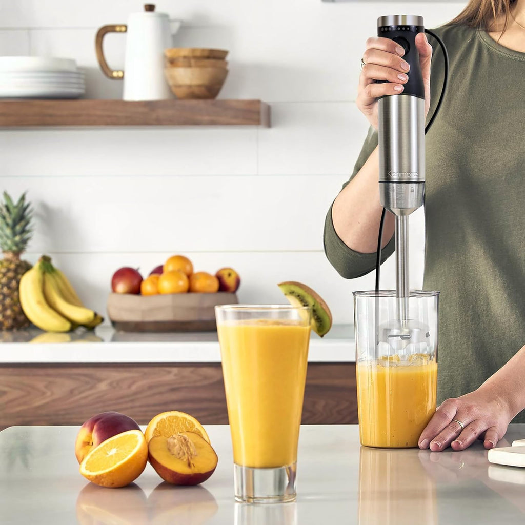 Kenmore Immersion Blender - Handheld Stick Mixer For Kitchen, Food Chopper, Whisk, Smoothie Milkshake Maker, Blend Baby Food, Protein Shake, Puree, Batidora De Inmersión Stainless Steel Blade, Black