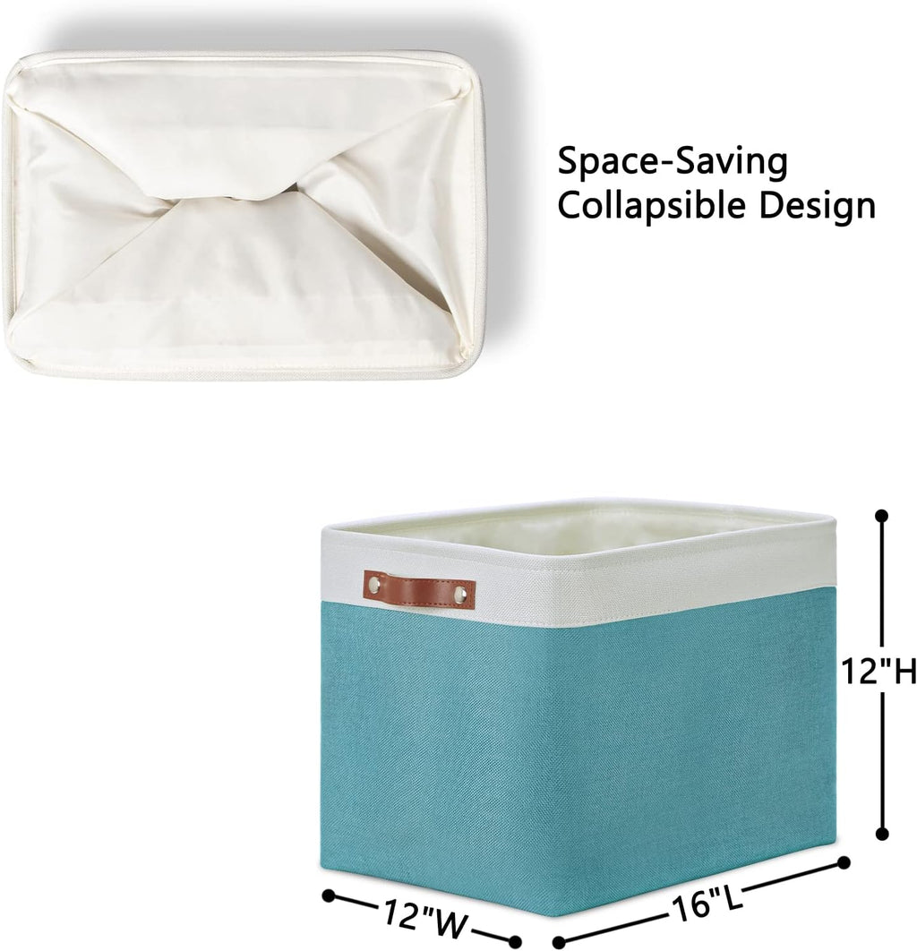 DULLEMELO Large Closet Storage Baskets Canvas Storage Baskets for Organizing 2 Pack Collapsible Home Organizer With Handles (White&Teal)