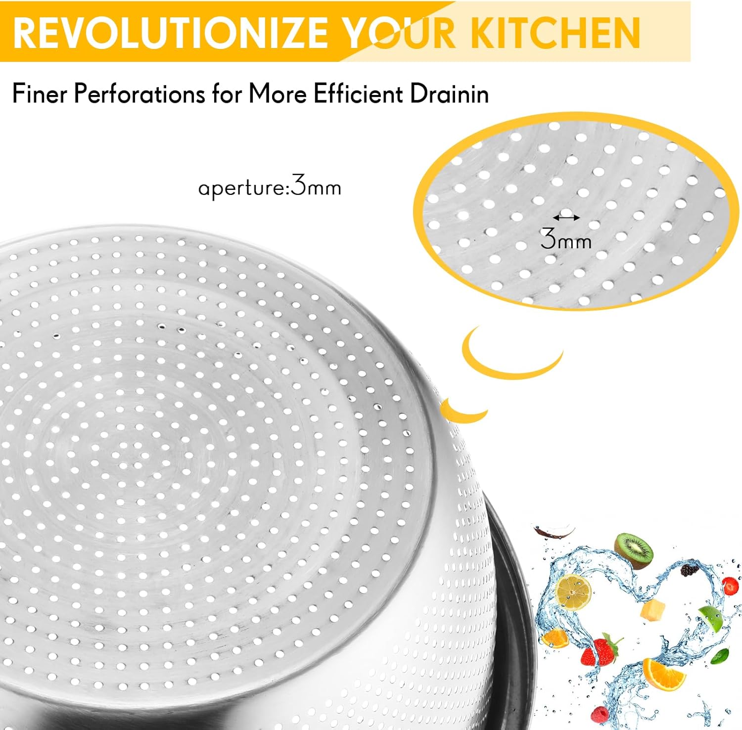 Uiifan 8 Pcs Stainless Steel Mixing Bowl with Stainless Steel Colander Rice Washing Colander Bowl Set Nesting Bowls for Washing Draining Storage(1.8/3.9/4.9/6.6 QT)