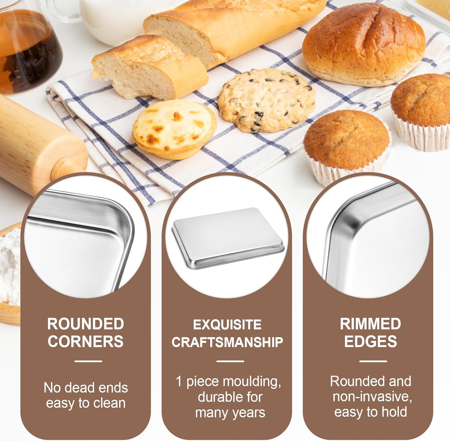 Baking Sheets Set of 2, HKJ Stainless Steel Cookie Sheet Baking Sheet Pan, 12inch/16inch Toaster Oven Pans, Non Stick & Rust Resistant & Easy Clean
