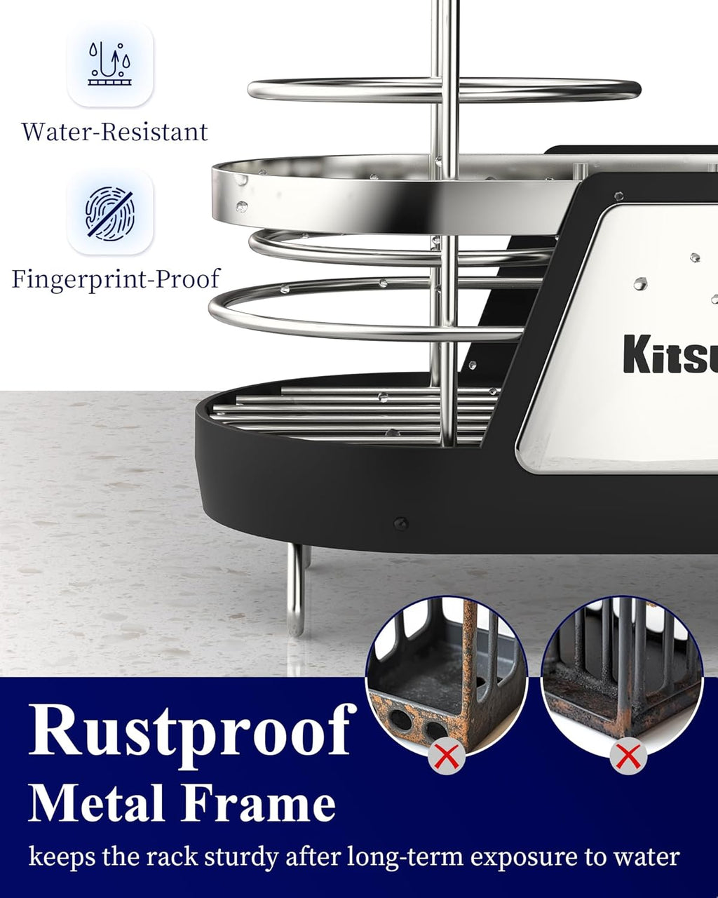 Kitsure Sponge Holder for Kitchen Sink - Space-Saving Kitchen Sink Caddy, Rustproof Metal Organizer with Removable Brush Holder, 7.9"×3.9"×5.3", Black