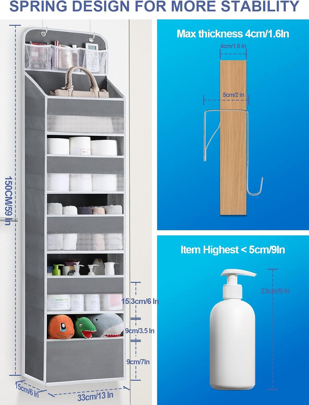 Over the Door Organizers - 6 Shelf Hanging Door Organizer with Large Pockets, Anti Tilt 44 lb Load Behind Door Organizer for Bedroom,Nursery,Bathroom,Kitchen,Dorm,Shoe - 1 Pack,Grey