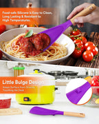 Cooking Spoon and Rice Scooper for Nonstick Cookwares, Great for Cooking and Serving Sturdy BPA-Free Matte Silicone, Wood Handle Spoon for Mixing, Scoop, and Scrape (BERRY)