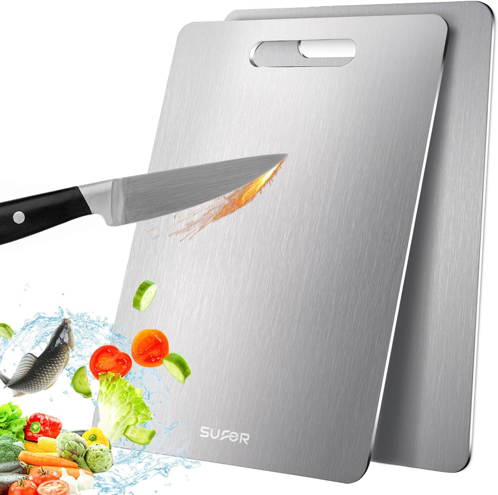 2 Pack Titanium Cutting Board, 100% Pure Titanium Cutting Boards For Kitchen, Non-Slip Chopping Board, Dishwasher Safe, Easy to Clean, Durable & Hygienic for Meat, Vegetables, Fruits (18 * 12)