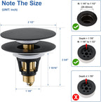 Universal Bathroom Sink Stopper - Pop Up Sink Drain Stopper, Push Button Flixfilter Sink Drain Stopper Replacement, Wash Basin Drain Filter Plug Anti-Clogging Basket, Matte Black