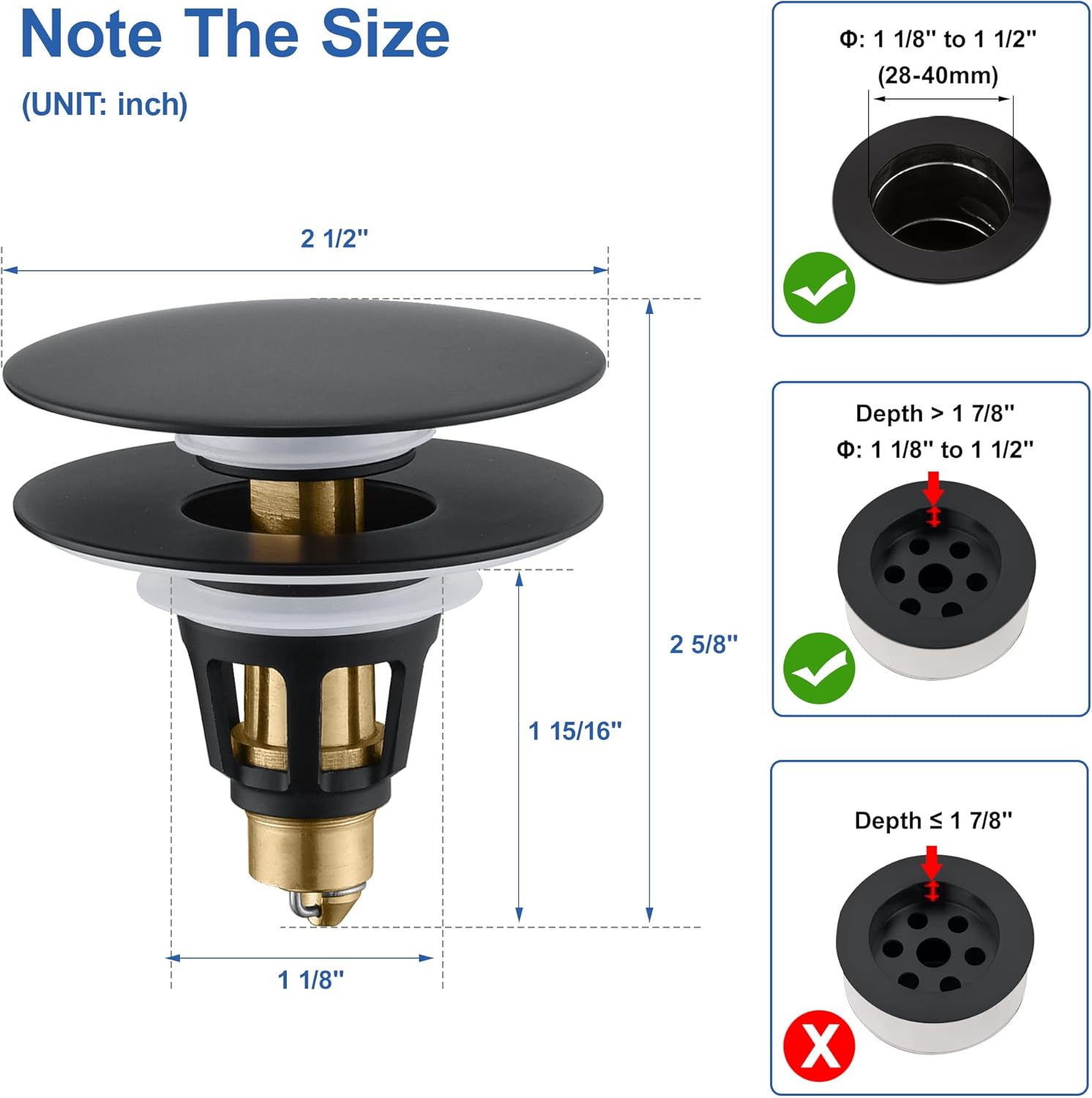 Universal Bathroom Sink Stopper - Pop Up Sink Drain Stopper, Push Button Flixfilter Sink Drain Stopper Replacement, Wash Basin Drain Filter Plug Anti-Clogging Basket, Matte Black