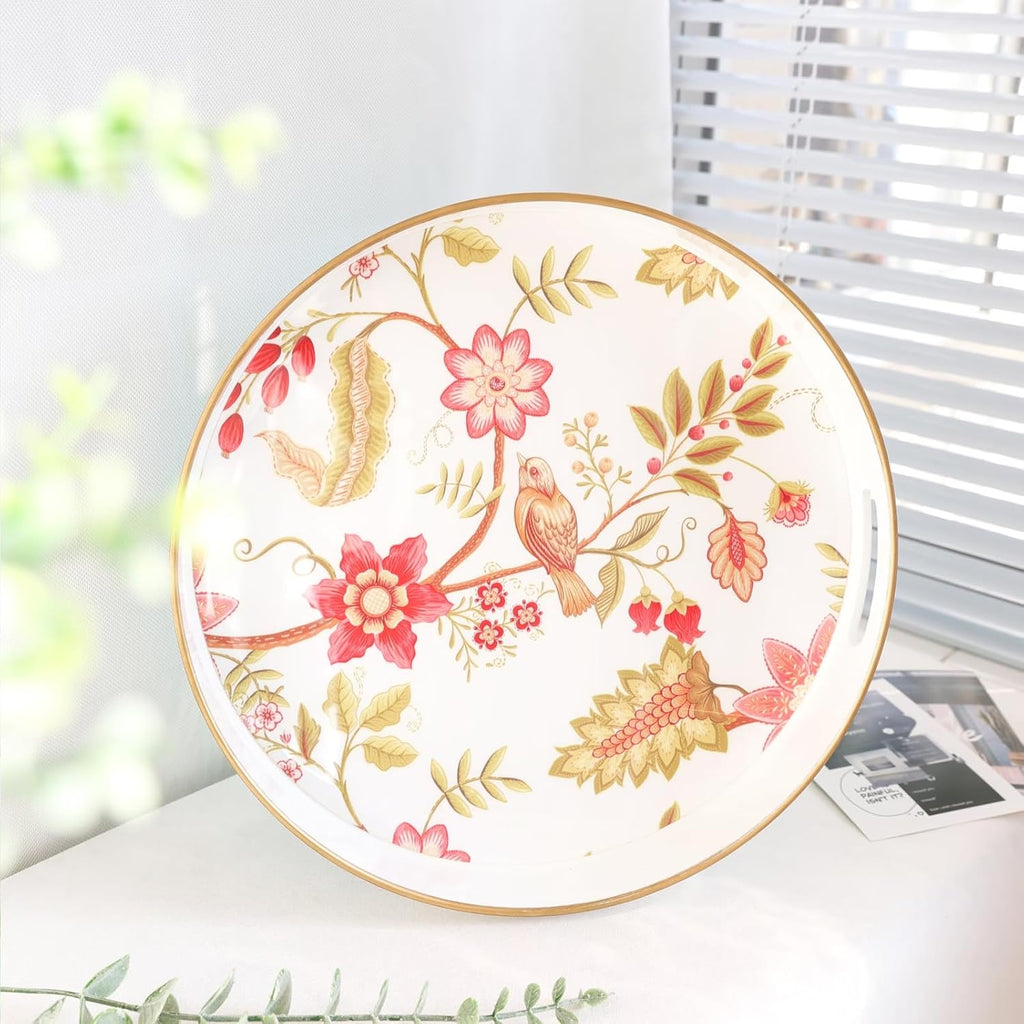 Spsyrine Decorative Serving Tray with Handles, Lacquered Coffee Table Tray for Ottoman, Round Waterproof Platters for Centerpieces, Parties, Living Room, Kitchen Counter Organization Yellow