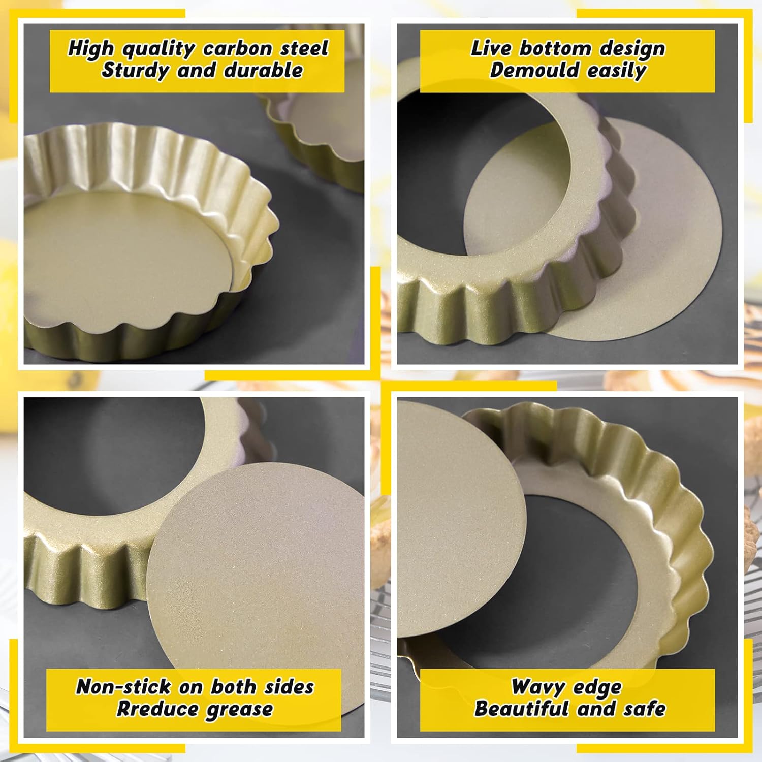 Uiifan 32 Pcs Mini Tart Pans Egg Tart Molds with Removable Bottom Round Nonstick Quiche Pan Mini Pie Pans Small Bakeware Mold Fluted Side for Mousse Cake Dessert Baking(4 Inch,Gold)