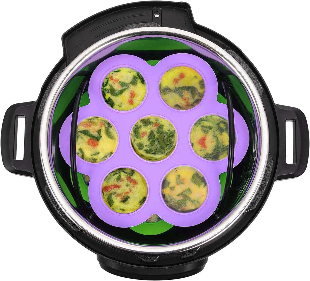 ROTTAY Silicone Egg Bites Molds and Steamer Rack Trivet with Heat Resistant Handles Fit Instant Pot Accessories, 7pcs set for 6qt & 8qt Electric Pressure Cooker With 2 Spoons and Silicone spatula