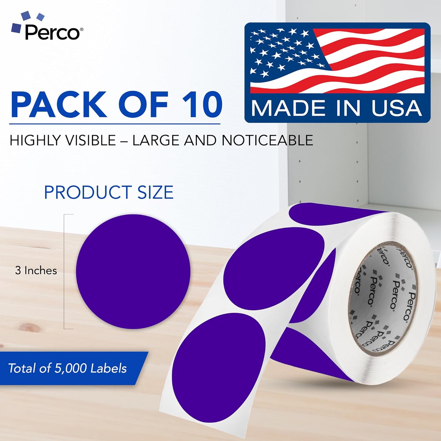 Perco Purple 3-Inch Perforated Circle Dot Sticker Labels — 10 Rolls, 5,000 Round Stickers — with Permanent Adhesive for Moving Boxes, Sale Signage, Displays, Status Messaging—Made in USA