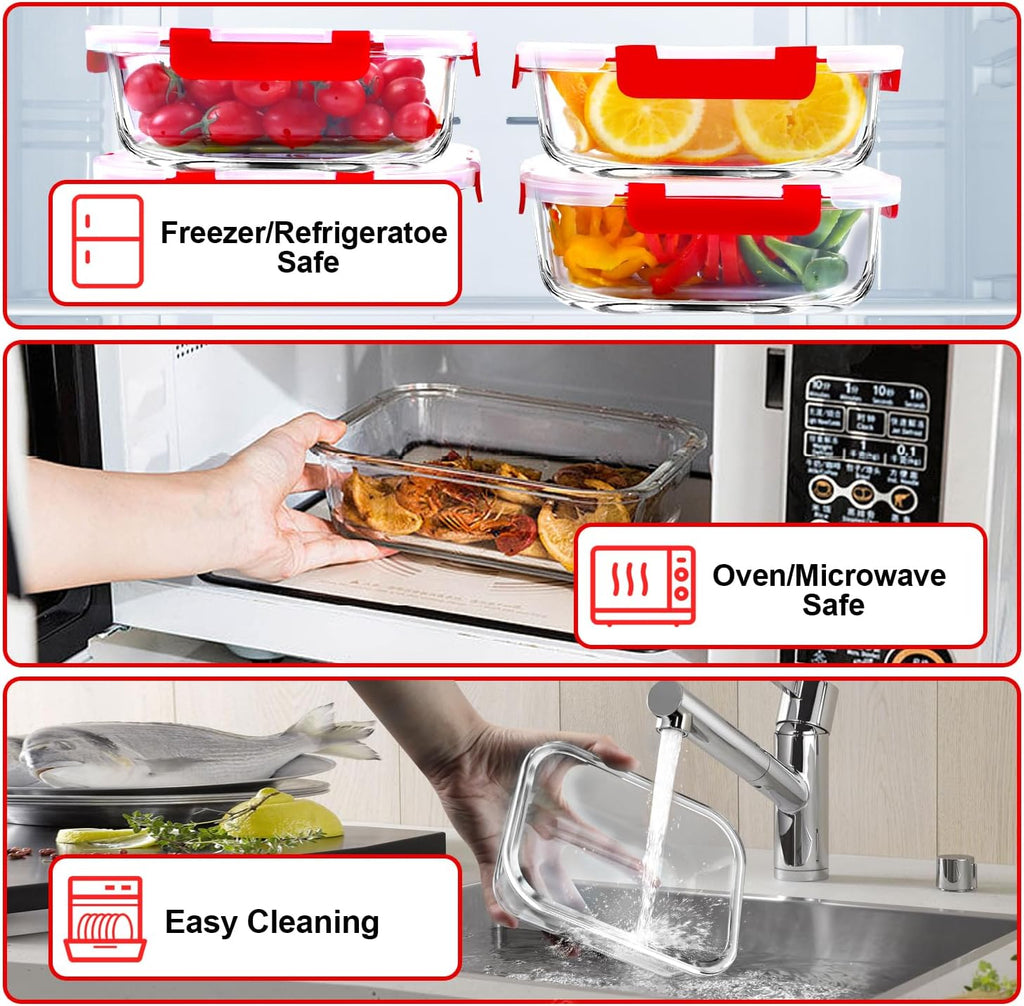 VERONES 5 Pack 36 OZ Glass Meal Prep Containers, Airtight Glass Lunch Containers Set, Glass Food Storage Containers with Lids,Exclusive of BPA, for Microwave, Oven, Freezer & Dishwasher Friendly,Red