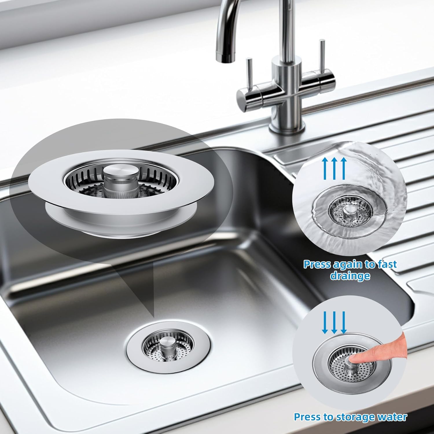 Hibbent All Metal Stainless Steel 3 in 1 Kitchen Sink Drain Strainer, Upgraded Anti-Rust Sink Stop Combo, 3 Anti-Clogging Stainless Steel Baskets with Metal Handle for US Standard 3-1/2" Drain
