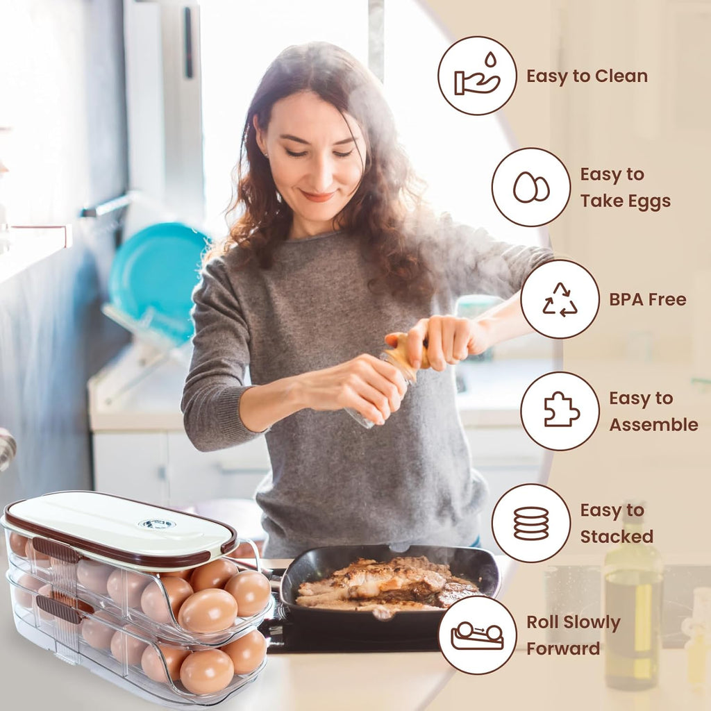 Egg Holder for Fridge, Automatic Rolling Egg Organizer for Refrigerator, Clear Plastic Egg Container & Tray, Stackable Dispenser and Storage Bin For Organizers and Storage -2 Layer