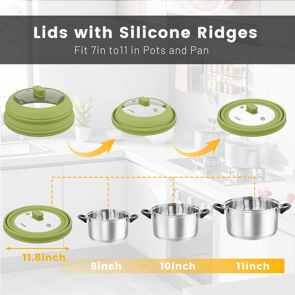 Microwave Splatter Cover, Vented Silicone and Glass Cover Splatter Guard Lid, Food Collapsible Plate Cover Lid with Easy Grip Handle. (Green, 11.8 inch)