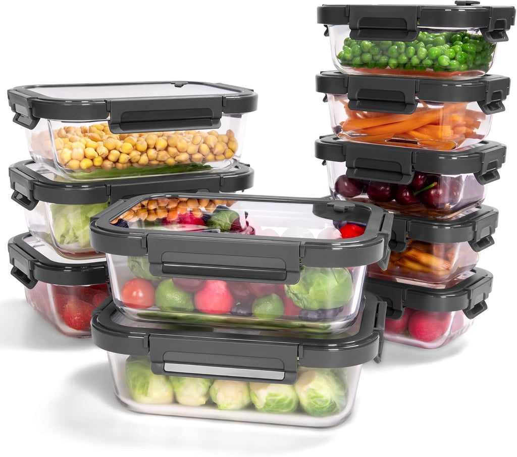 10-Pack Glass Food Storage Containers with Tempered Lids – Borosilicate, Airtight, Oven-Safe (-4°F~950°F), BPA-Free, 4.4 & 1.6 Cup, Leak-Proof, Dishwasher Safe (Gray)