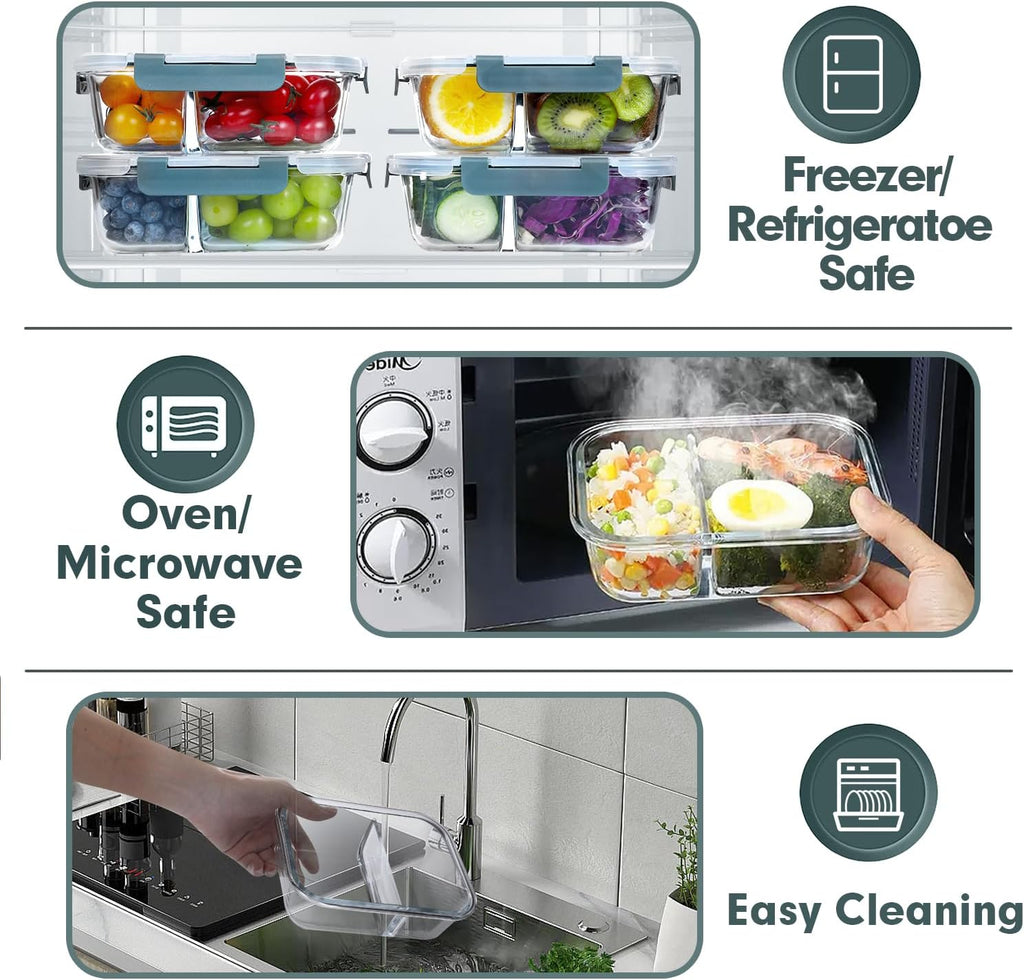 VERONES 10 Pack Glass Meal Prep Containers 2 Compartment Set, 30 OZ Airtight Glass Lunch Containers, Glass Food Storage Containers with Lids, for Microwave, Oven, Freezer & Dishwasher Friendly，Grey