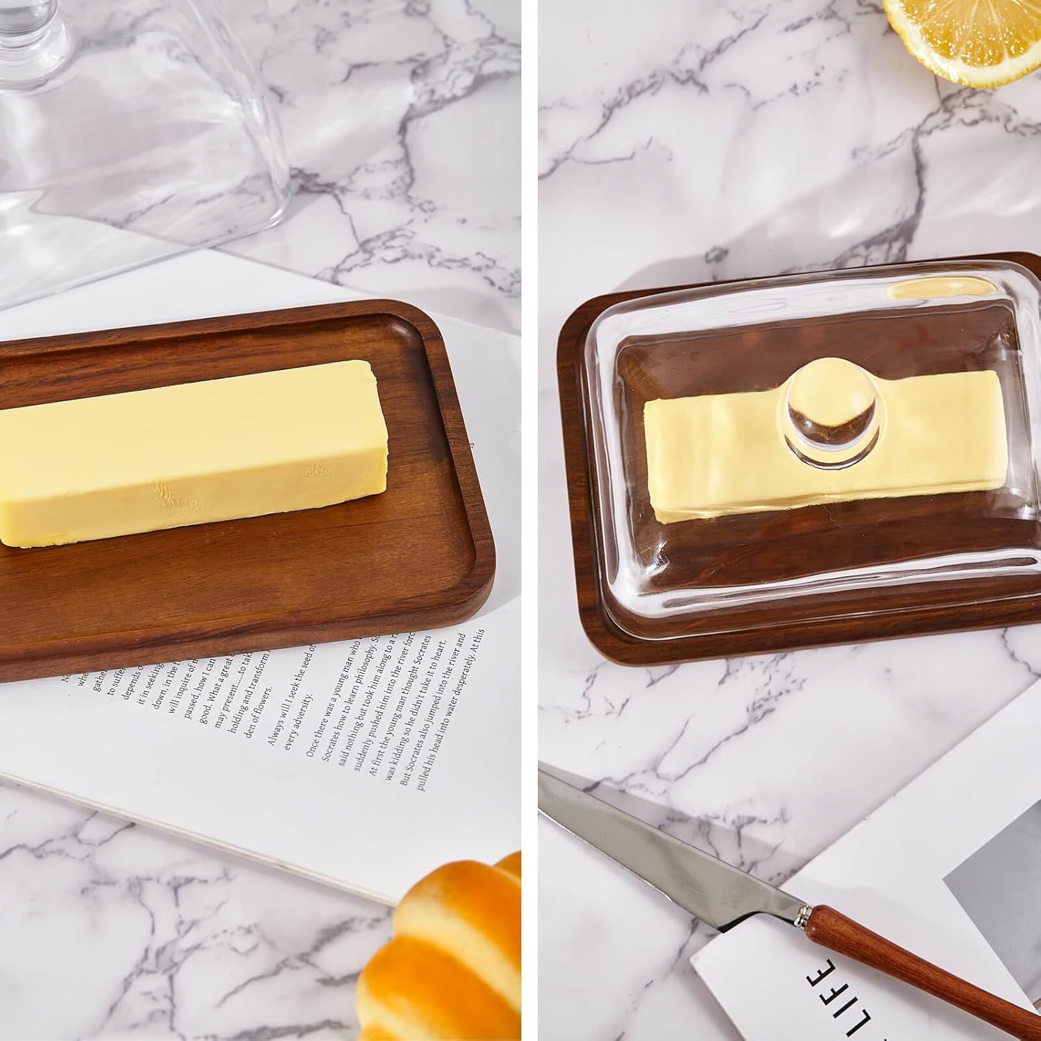 butter dish with lid, glass airtight lid keeps butter soft, for countertop and refrigerator. Widened design to fit all butters. Covered butter dishes with, Made of glass and Acacia wood.